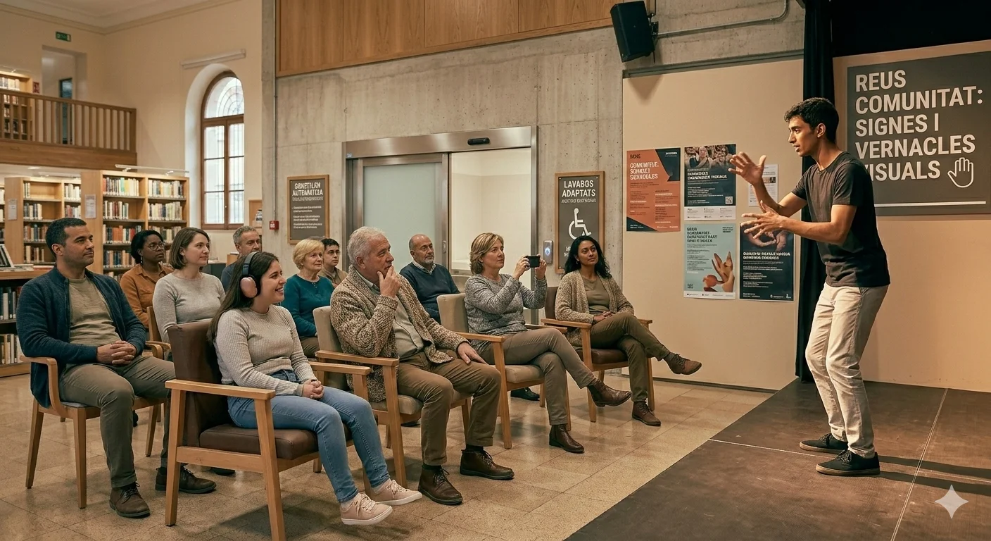 A crowd of ten people watches a show inside a community center. On stage, a young, slim male performer uses sign language and Visual Vernacular.