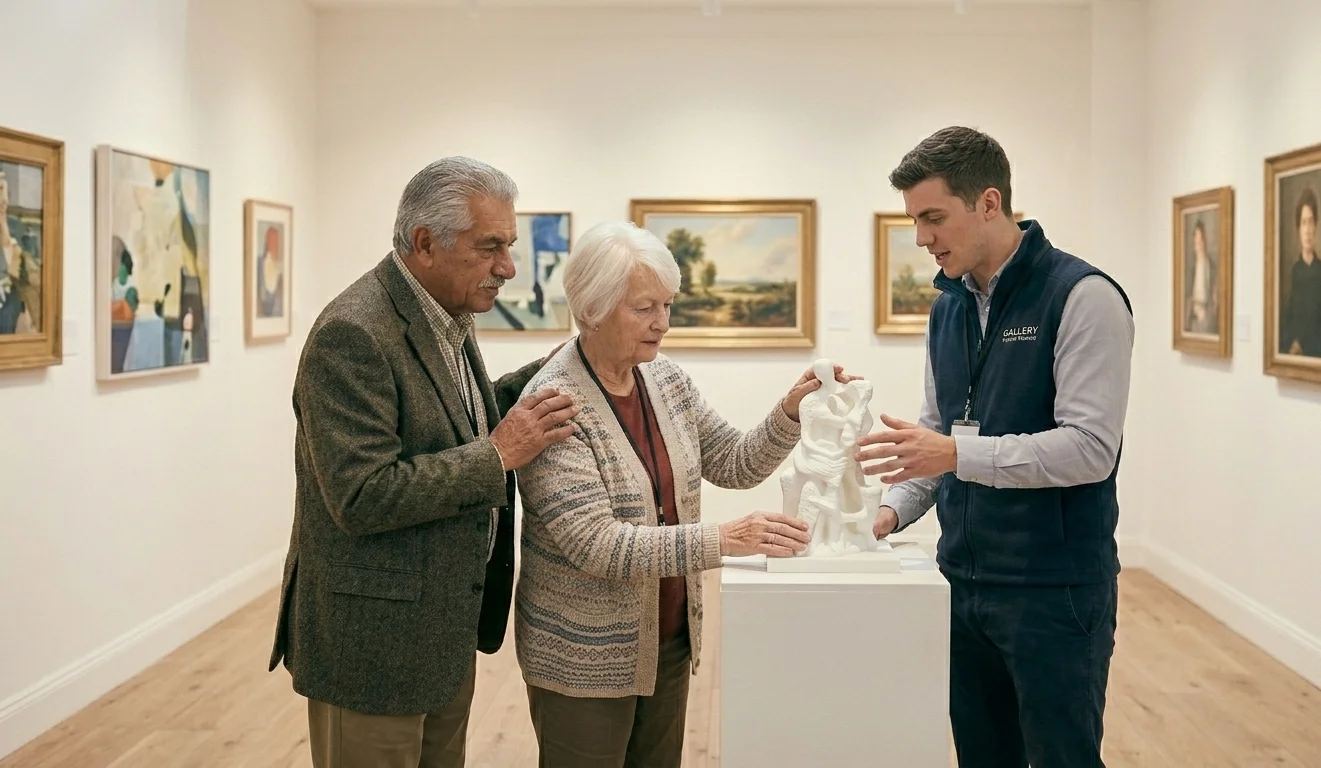 An elderly couple explores a clean, minimalist art gallery that is not too crowded. They are accompanied by a guide who is showing them a 3D-printed tactile display of a sculpture.