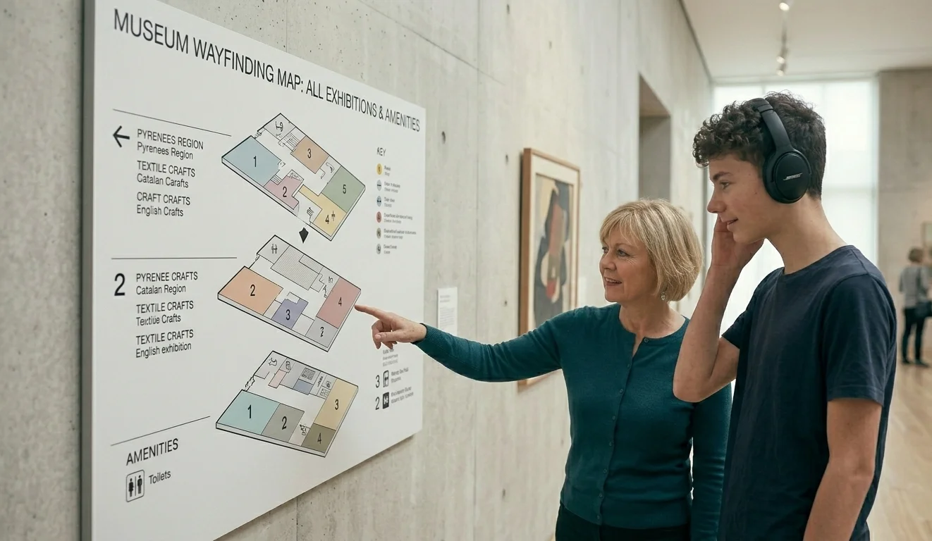 A short blonde woman and a tall teenager wearing noise-cancelling headphones stand in a minimalist museum hall. They are looking at a wayfinding map of the museum mounted on the wall.