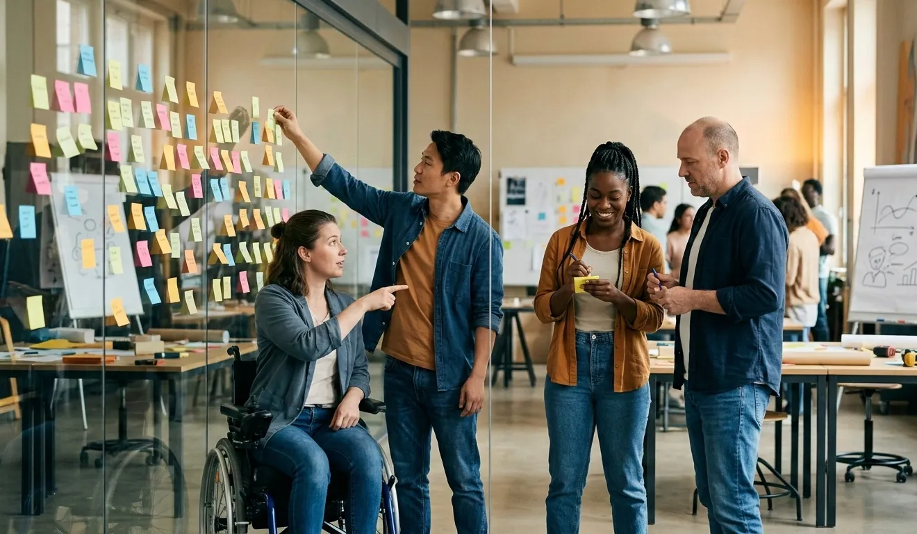 A diverse group of colleagues collaborating in a workshop space, reviewing and adding colorful sticky notes on a glass wall while brainstorming ideas; one woman in a wheelchair points to a note as others write and discuss.