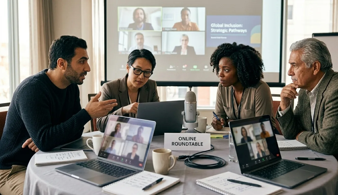 A group of people sit around a table, leaning in as if deeply engaged in an important discussion. They are participating in an online roundtable meeting.
