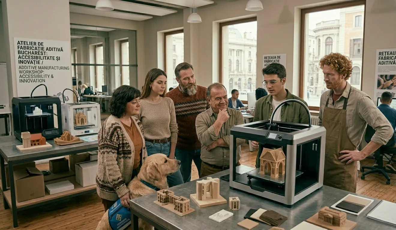 A group of people—two brunette women, a short bald man, and a tall redhead—stand in a large, open classroom in Bucharest, Romania. They are gathered in front of a 3D printing machine as a young man explains how it works.