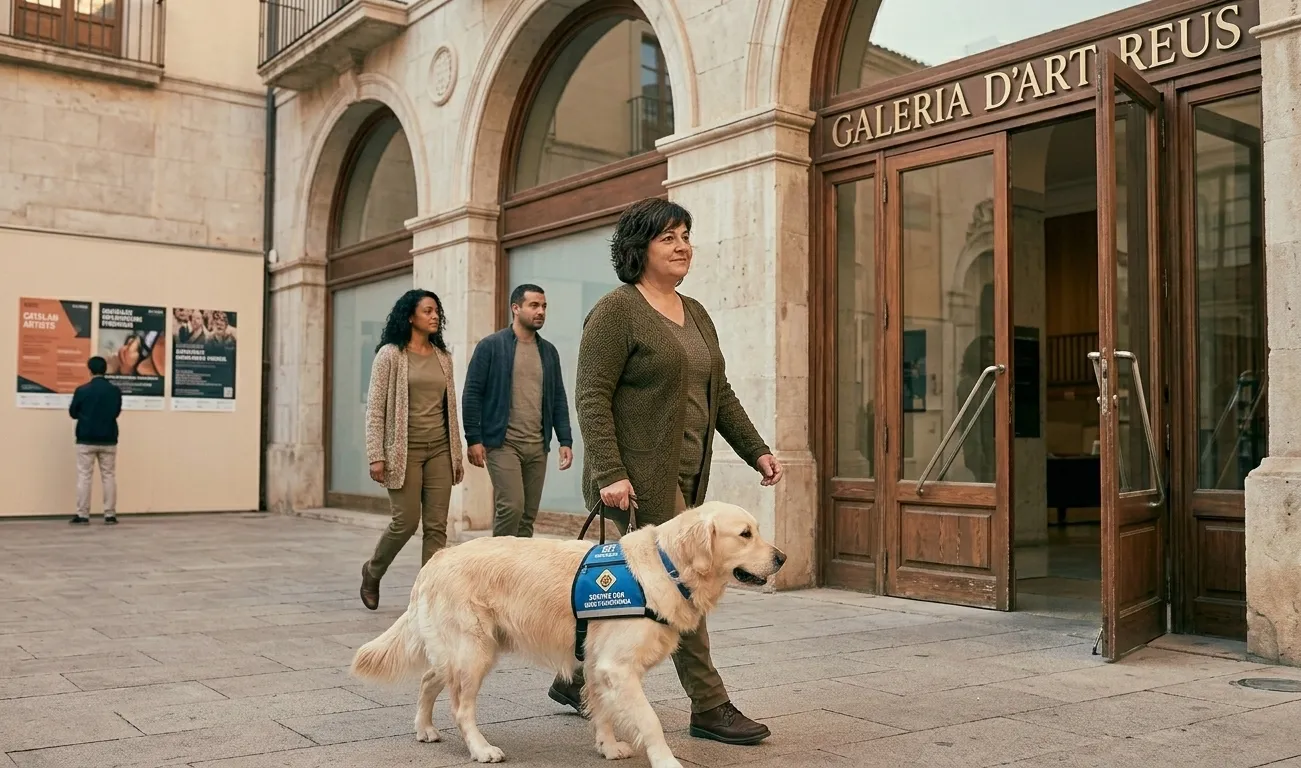 A picture of a middle-aged, short brunette woman. She is about to enter the door of an art gallery, walking beside her service dog.