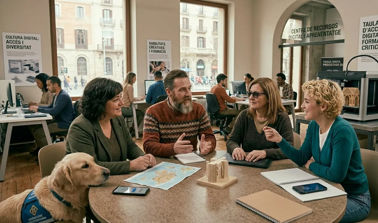 Four people at a roundtable: a bearded man, two blind individuals (one with glasses, one with a guide dog), and a young blonde woman.