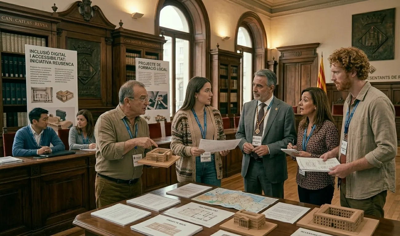 A picture of a group of people (a short bald man, a tall redhead, and a young brunette woman) holding papers and speaking to local representatives at the local House of Representatives.