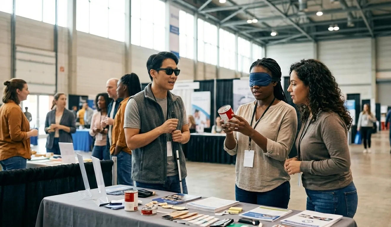 In a busy convention center, a woman who is blindfolded holds a can of soup. Another woman stands beside her, attentively listening to a man with sunglasses and a white cane, who appears to be blind. All three individuals are of different ethnicities. The photo is taken from a distance, capturing them in conversation.