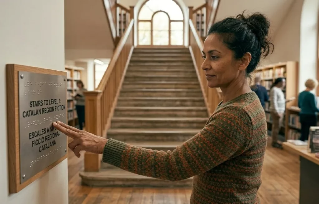 A middle-aged woman touches a braille sign at the bottom of a staircase in a community library.