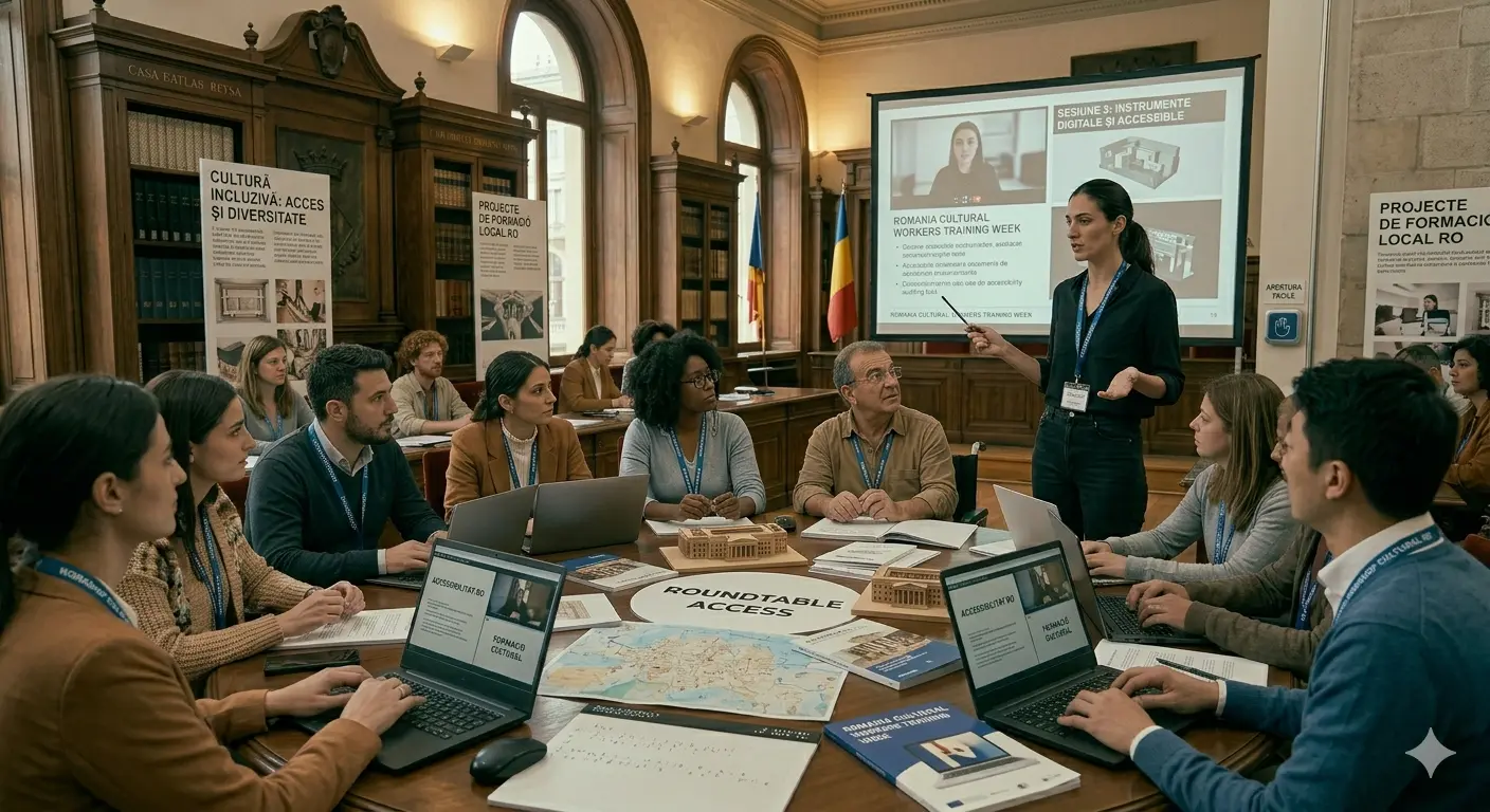 A hands-on training session for cultural workers in Romania. In a large hall, participants sit around a roundtable in active discussion. At the front, a woman stands beside a screen, presenting accessibility tools to the group. The scene conveys a collaborative workshop focused on practical, inclusive skills.