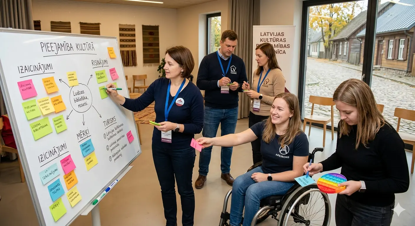An advocacy training workshop in Latvia, held in an open-plan space. A library staff member, two tourism professionals, and two representatives from disability associations—one using a wheelchair and the other holding a sensory toy for anxiety relief—collaborate at a large whiteboard covered in colorful sticky notes. The scene depicts cross-sector teamwork on cultural accessibility.