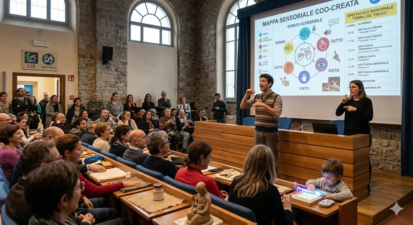 A co-created, sensory-accessible event in Italy at the Instituto del Sordi di Torino in Pianezza. On stage, a Deaf presenter addresses a large audience, with a sign language interpreter standing beside them. The image captures the delivery of an inclusive cultural experience designed for and with the community.